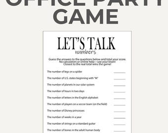 May include: A printable office party game titled "Let's Talk Numbers." The game challenges players to answer numerical questions, such as the number of legs on a spider. The game is an instant download.