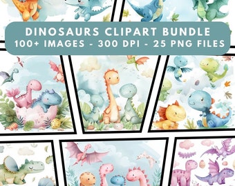 Watercolor Dinosaur Clipart Bundle, 25 PNG Files