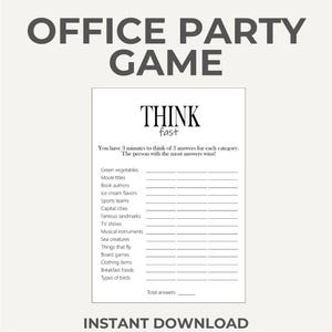 Think Fast Office Party Game Printable, Icebreaker, Coworker Bonding Activities, Budget-Friendly Work Party Ideas, Team Games Work Events