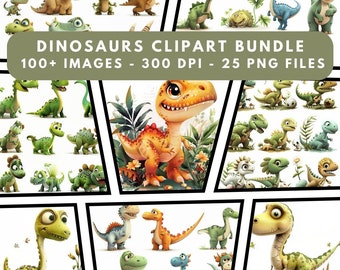 Watercolor Dinosaur Clipart Bundle, Jurassic PNG Files (Digital Download)