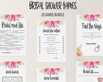 May include: A set of printable bridal shower games with a floral theme. The games include Mad Libs, Would She Rather, Find the Rings, Word Search, Word Scramble, and Bucket List for the Bride.