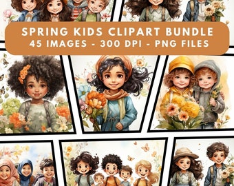 Spring Kids Clipart Bundle – 45 PNG Images for Designers (Digital Download)