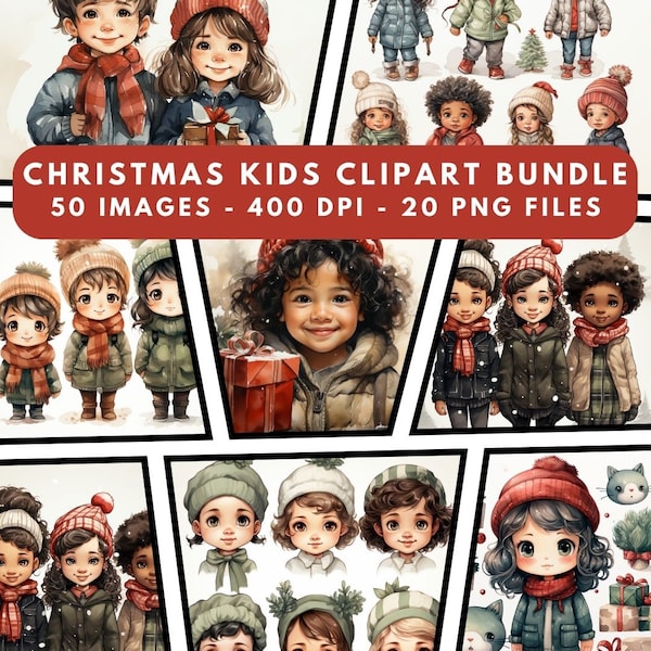 50 Christmas Kids Clipart, Aquarelle Kids Art, Winter Art, Art numérique, Utilisation commerciale, Scrapbook, Junk Journal, fichiers PNG