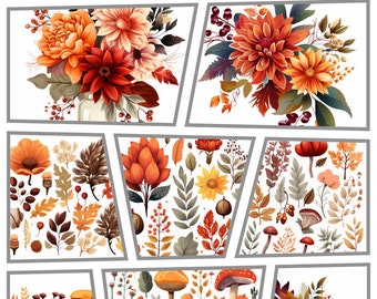 Paquete de imágenes prediseñadas de flores otoñales en acuarela, PNG floral de otoño (400 DPI)