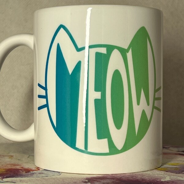 Tasse, Mug, Katze, Meow, Coffee, Tee, Geschenk, Geburtstag, Sublimation, Grün, Regenbogen