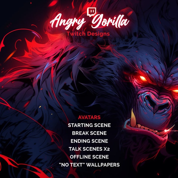 Twitch Stream Scenes - Angry Gorilla - Animated Avatar Wolf - Twitch Overlay - Instant Download