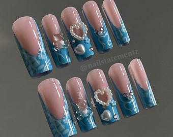 Blue Razz | French tip press on nails | Y2K Nails | 24pcs set | Long Square Nails |