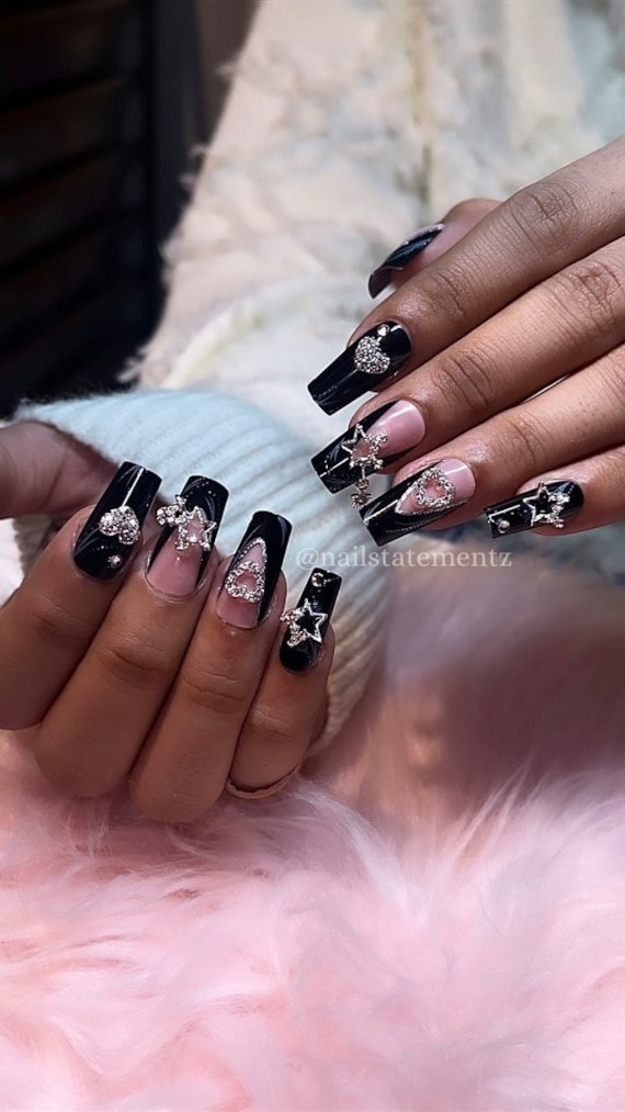 Y2K Press on nails 24PCS | Black French Tip Nails | Glue on nails | Baddie Nails