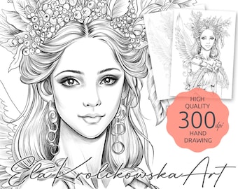 Spring Fairy - Premium Coloring Page,  Grayscale Coloring Page, Printable Adult Kids, Instant Download, JPEG, PDF