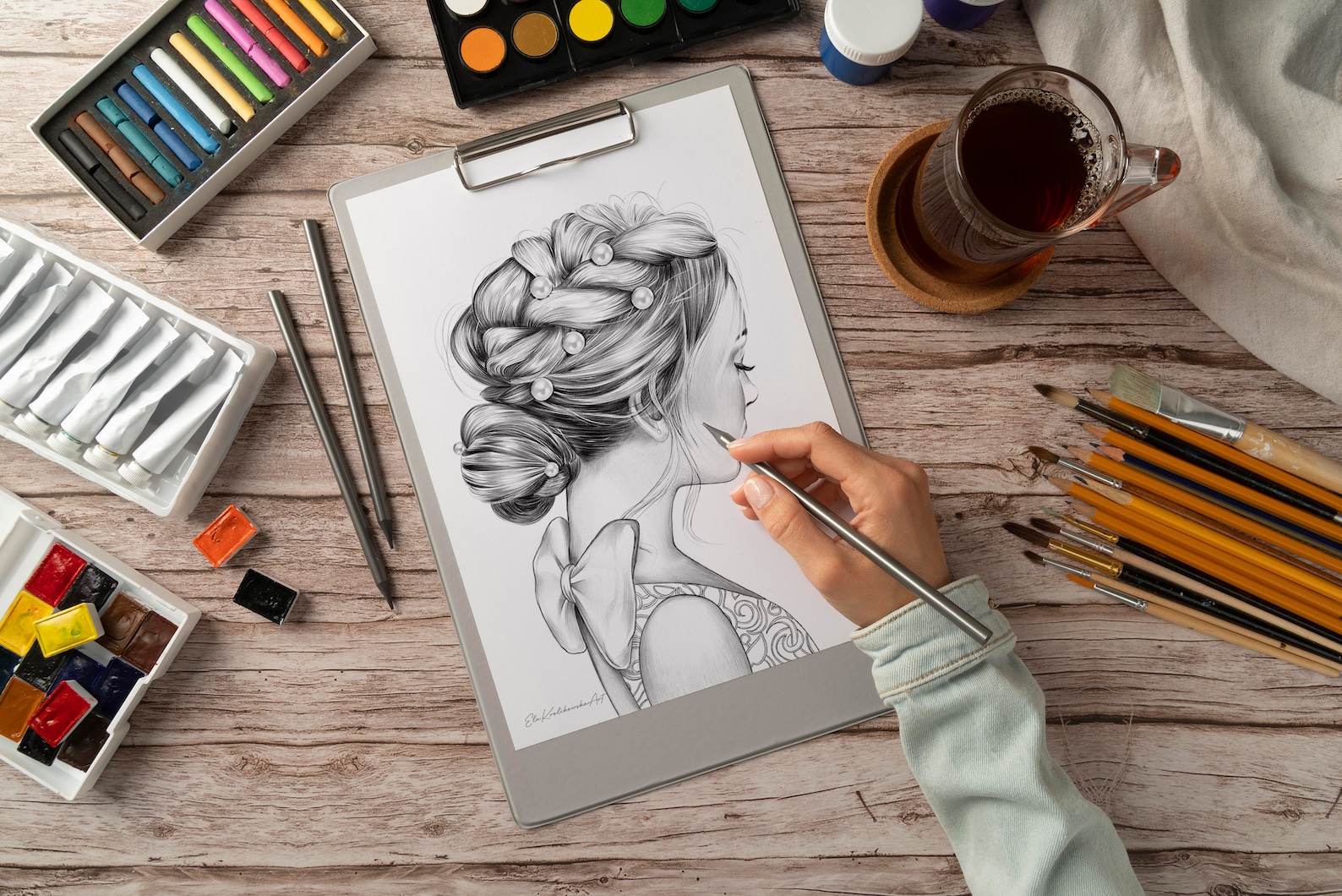 Girl in Pearls Premium Coloring Page, Grayscale Coloring Page ...