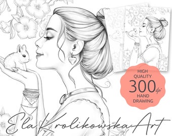 Easter Bunny - Premium Coloring Page,  Grayscale Coloring Page, Printable Adult Kids, Instant Download, JPEG, PDF