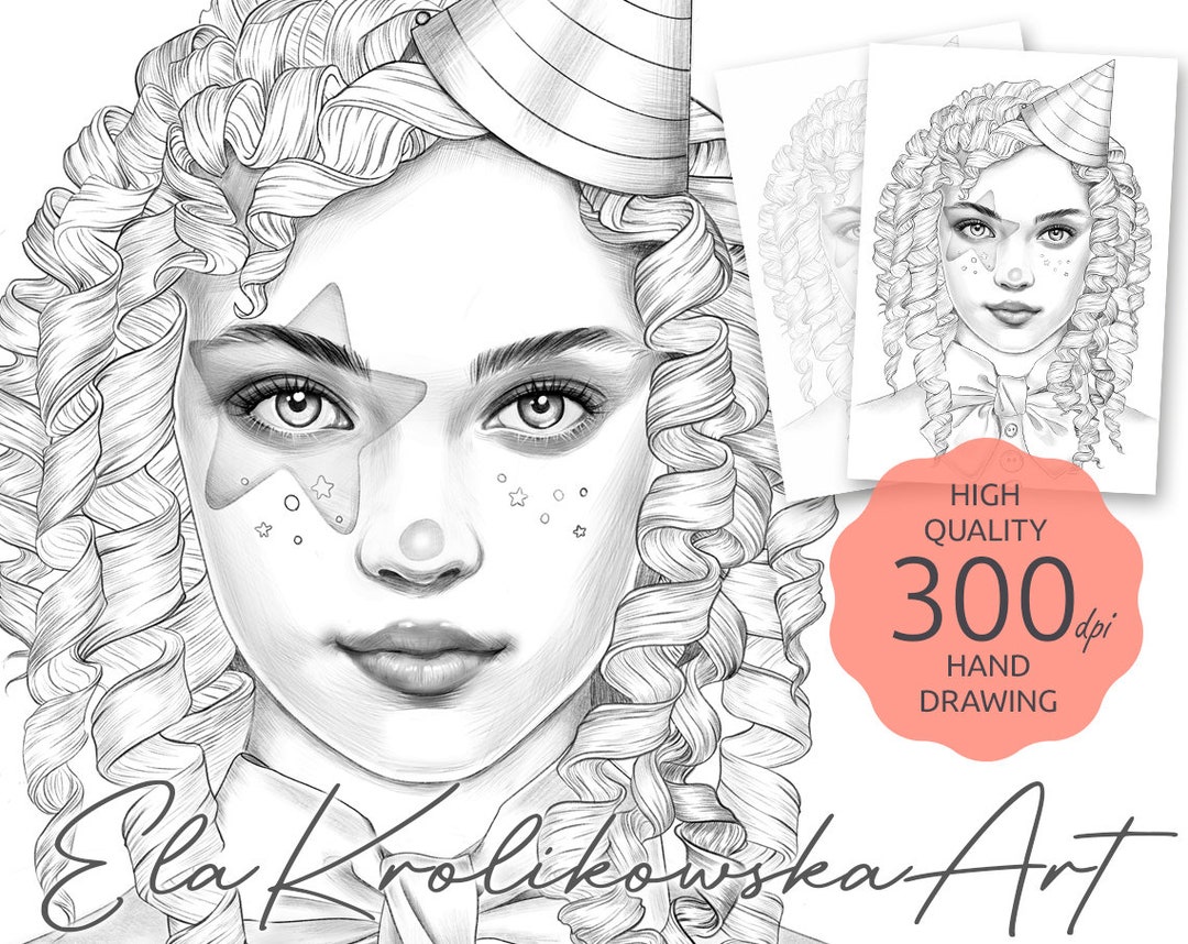 Cute Clown Girl Premium Coloring Page, Grayscale Coloring Page, Digital