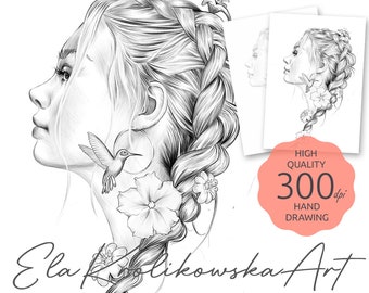 Braid - Premium Coloring Page,  Grayscale Coloring Page, Printable Adult Kids, Instant Download, JPEG, PDF