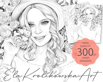 In Roses - Premium Coloring Page,  Grayscale Coloring Page, Printable Adult Kids, Instant Download, JPEG, PDF