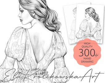 Dress - Premium Coloring Page,  Grayscale Coloring Page, Printable Adult Kids, Instant Download, JPEG, PDF