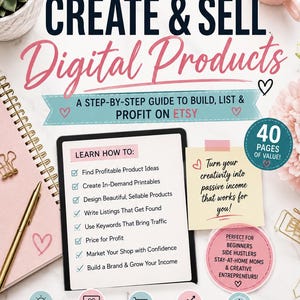 May include: A digital guide titled How to CREATE & SELL Digital Products, featuring a checklist of steps for Etsy sellers, a 40-page value badge, and icons for profitable ideas, product creation, listing optimization, sales growth, and passive income.