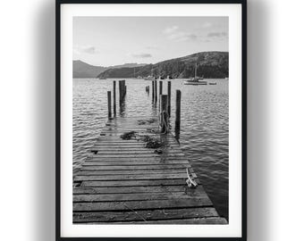Black and White Rustic Jetty Photo Print, Coastal Landscape Digital Download Wall Art
