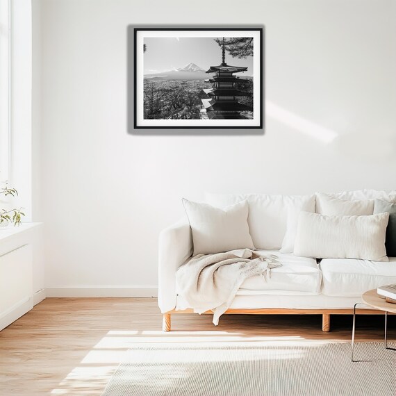 Mount Fuji Chureito Pagoda Digital Download, Black and White Japan