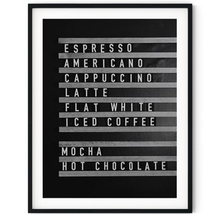 Foto em preto e branco Download digital instantâneo Impressão de arte em parede Tipos de café Imagem de sinalização