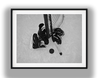 Ice Hockey Net and Skates Black and White Photo, Hockey Sticks Digital Download, Fine Art Hockey Print, Sports Wall Art Printable