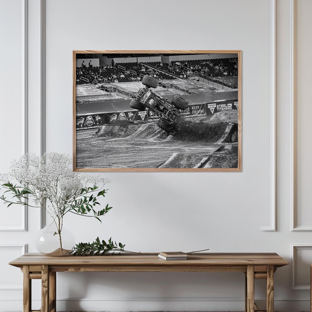 Black and White Monster Truck Crash Photo, Extreme Motorsport