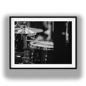 Black and White Drum Kit Close Up Photography Print, Musical Instruments Digital Download Art