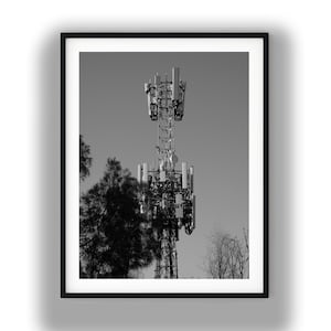Black and White Industrial Communications Tower Print, Cellular Antenna Photo Digital Download
