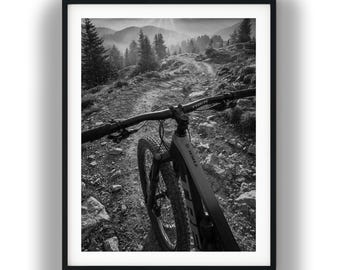 Black and White Mountain Bike Trail POV Printable Wall Art, Digital Download Photo Print