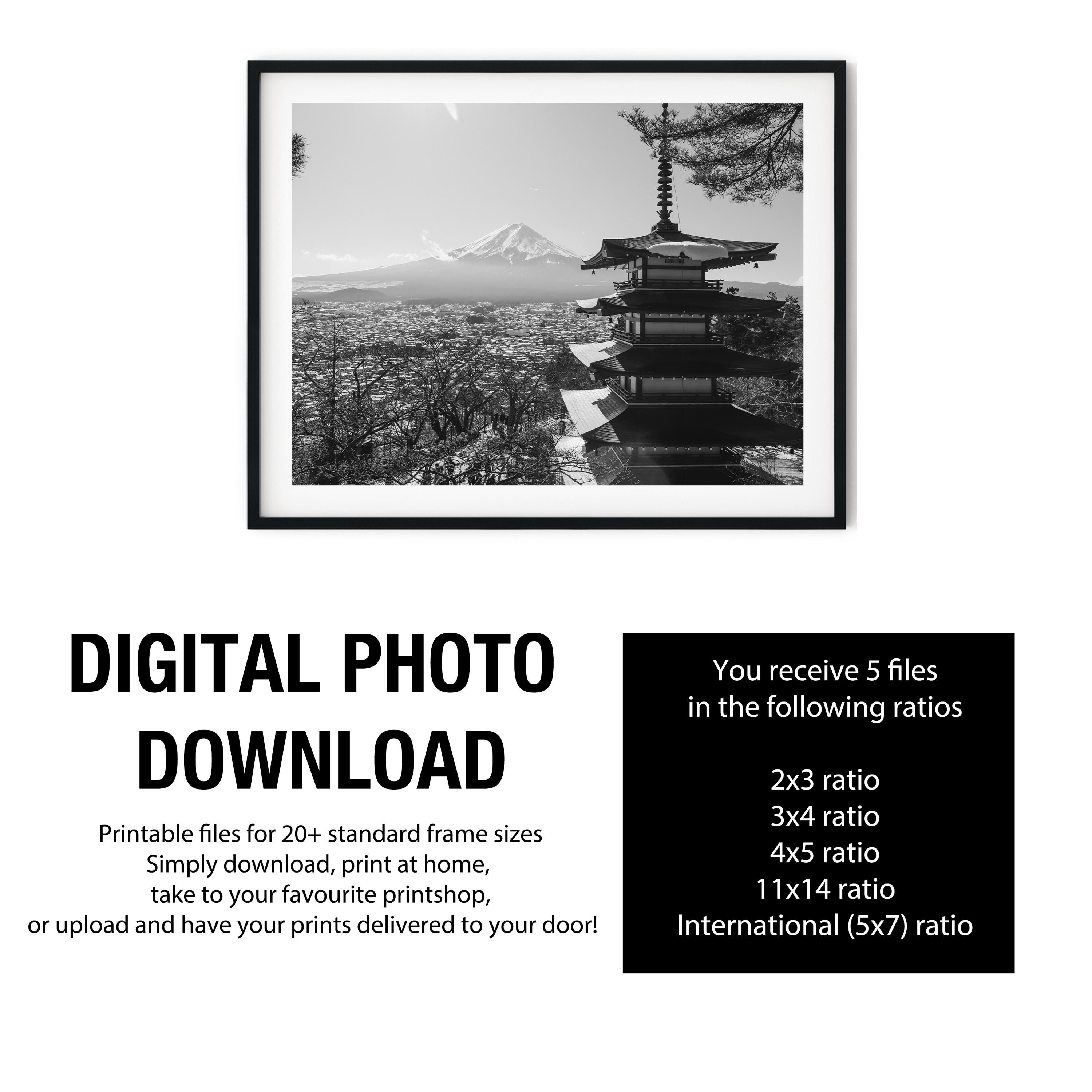 Mount Fuji Chureito Pagoda Digital Download, Black and White Japan
