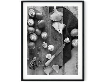 Black And White Photo Instant Digital Download Wall Art Print Slicing Mushrooms Image