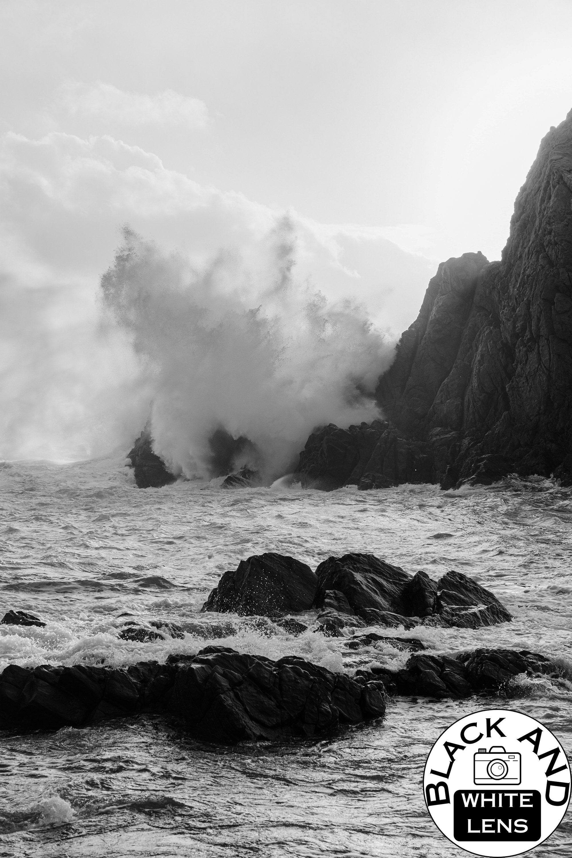 Black and White Ocean Waves Crashing on Rocks, Dramatic Coastal Photo ...