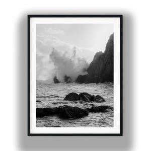 Black and White Ocean Waves Crashing on Rocks, Dramatic Coastal Photo Print Digital Download