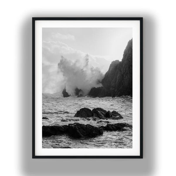 Black and White Ocean Waves Crashing on Rocks, Dramatic Coastal Photo Print Digital Download