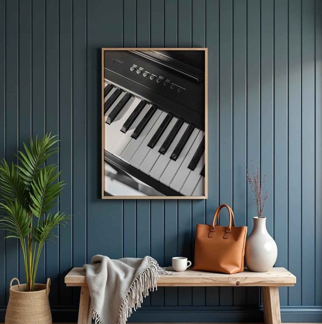 Black and White Piano Print, Electronic Keyboard Photography