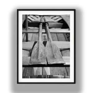 Fotografía en blanco y negro, descarga digital instantánea, lámina decorativa para pared con imagen de remos de bote.