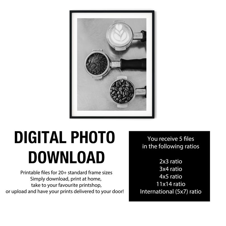 Schwarz-Weiß-Kaffee-Foto, Espresso-Bohnen gemahlen Latte Art, Cafe Küche Wandkunst, Minimalistische Food-Fotografie Digitaler Download Bild 5