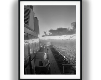Black and White Cruise Ship Deck Wall Art Print, Ocean Sunset Digital Download