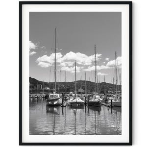Black And White Photo Instant Digital Download Wall Art Print Sailboats Marina Image