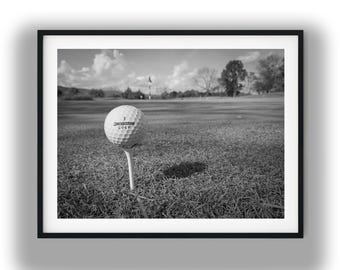 Black and White Golf Ball Tee Photo, Minimalist Golf Course Landscape, Fine Art Sports Photography, Printable Wall Art Digital Download