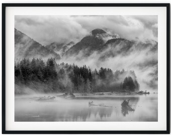 Black And White Photo Instant Digital Download Wall Art Print Foggy Lake And Mountains Image