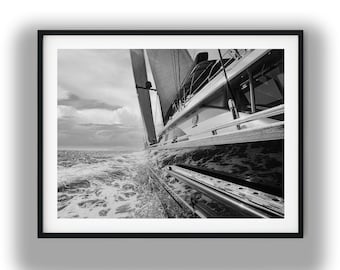 Black and White Luxury Sailing Yacht Digital Download, Nautical Ocean Wall Art Print