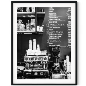 Foto em preto e branco Download digital instantâneo Impressão de arte de parede Imagem de cafeteria