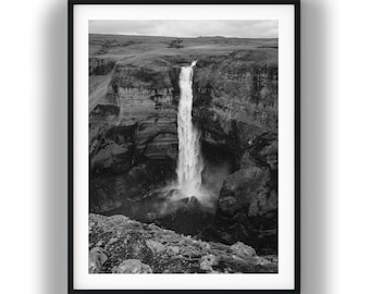 Black and White Cliffside Waterfall Photo Print, Dramatic Landscape Digital Download