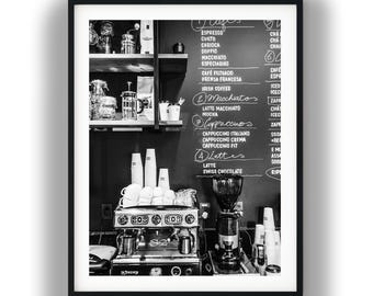 Black and White Coffee Shop Chalkboard Menu Print, Vintage Espresso Machine Digital Download Art