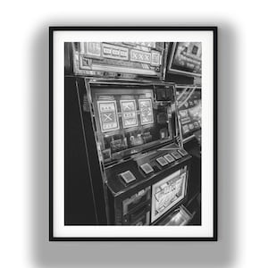 Slot Machine Black and White Photography Print, Retro Casino Digital Download Art