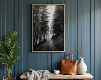 Misty Forest Road Black and White Print, Foggy Pine Trees Nature Photography Digital Download, Moody Woods Wall Art printable