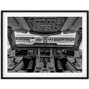 Schwarzweißfoto-Sofortiger digitaler Download Wand-Kunstdruck Flugzeug-Cockpit-Bild