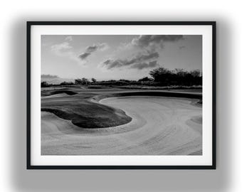 Black and White Golf Course Bunker Photography Print, Golf Landscape Art Digital Download