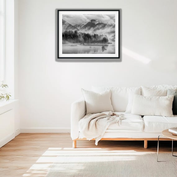 Foggy Mountain Lake Black and White Photography Print, Misty