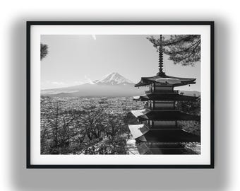 Black and White Mount Fuji and Pagoda Wall Art, Japan Photography Print Digital Download